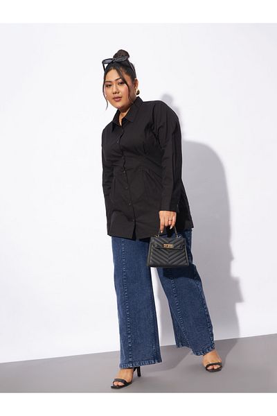 Sassafras By Styli Plus Poplin Pleated Slim Waist Shirt