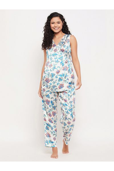 Clovia By Styli Satin Floral Print Angrakha Top & Pyjama Set