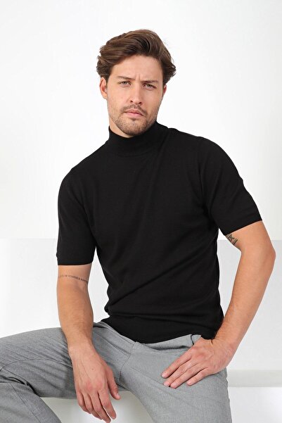 Ferraro Black Half Turtleneck Short Sleeve Cotton Men's Sweater