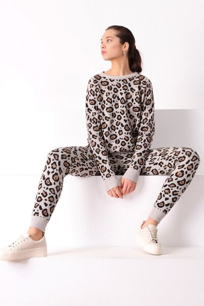 Ferraro Pantaloni de damă din tricotaj de cașmir, bej deschis, cu imprimeu le...