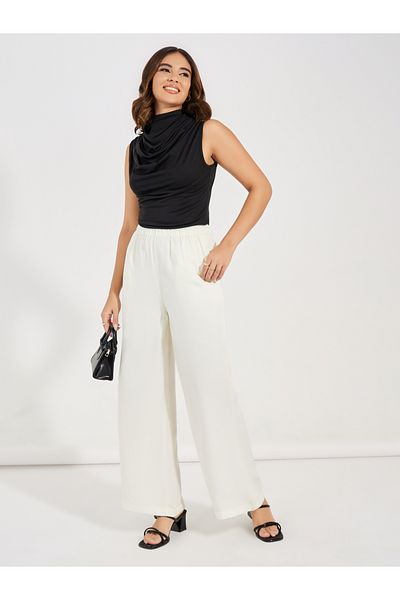 Styli Solid Elastic Waistband Wide Leg Pants