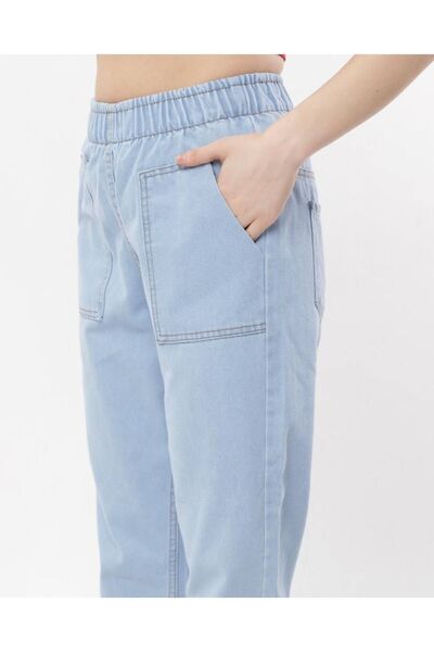 SHEVEGA Blugi Mom Jean de damă, albastru gheață, cu talie elastică, cu nasturi