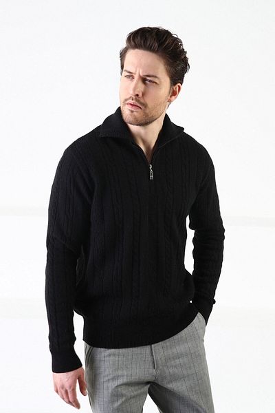 Ferraro Pulover pentru bărbați tricotat negru cu model, 100% lână de miel
