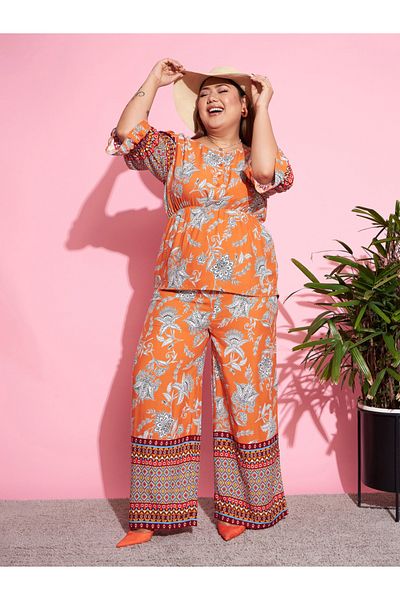 Sassafras By Styli Plus Floral Peplum Top & Straight Pants Co-Ords