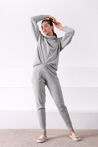 Ferraro Pulover de damă din tricotaje de casmir cu guler Degaje gri deschis