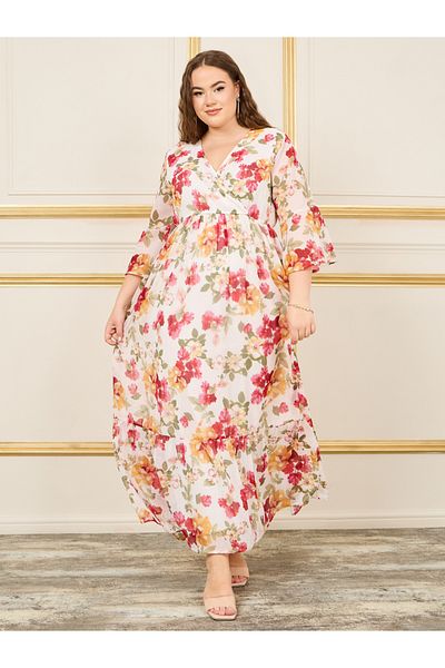 Styli Plus Floral Print Gathered Detail A-Line Maxi Dress