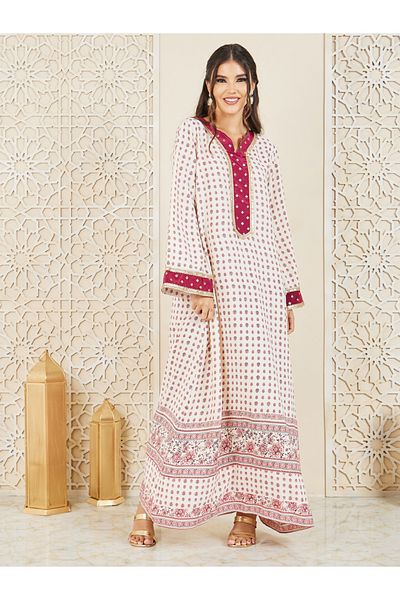 Styli Embroidered Lace Trim All Over Print Jalabiya