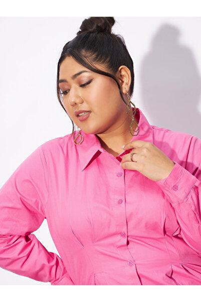 Sassafras By Styli Plus Poplin Pleated Slim Waist Shirt