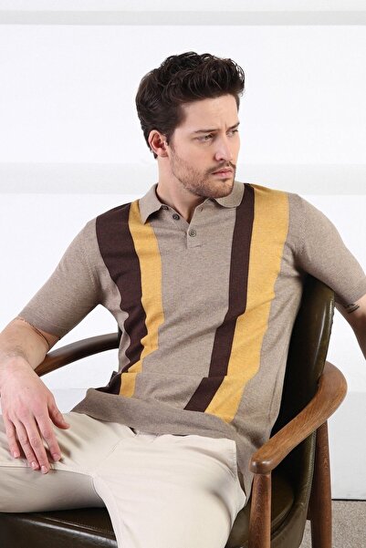 Ferraro Beige Buttoned Polo Collar 100% Cotton Men's Knitwear T-shirt