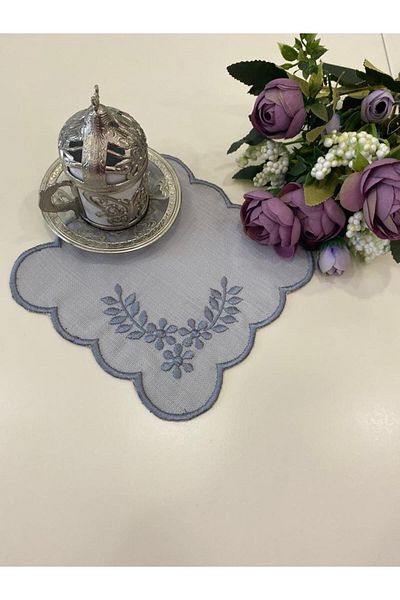 İNCİ ÇEYİZ 6 Pieces of Linen Fabric Embroidered Coffee Side Cocktail Napkin & Coasters