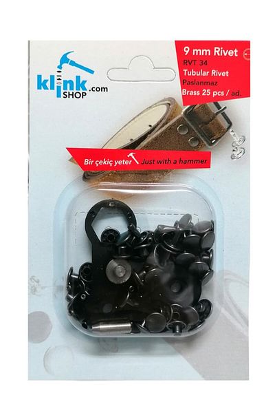 Klinkshop شبك أسود مقاس 9 مم - مقاس 34 - جهاز تطبيق بمطرقة و25 قطعة طقم Trok - نحاس مقاوم للصدأ