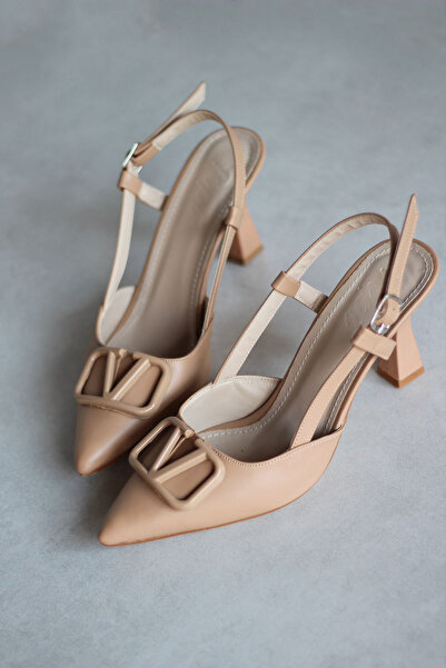 Rainon Store Y3033 Nude Leather Buckle Women's Heeled Shoes
