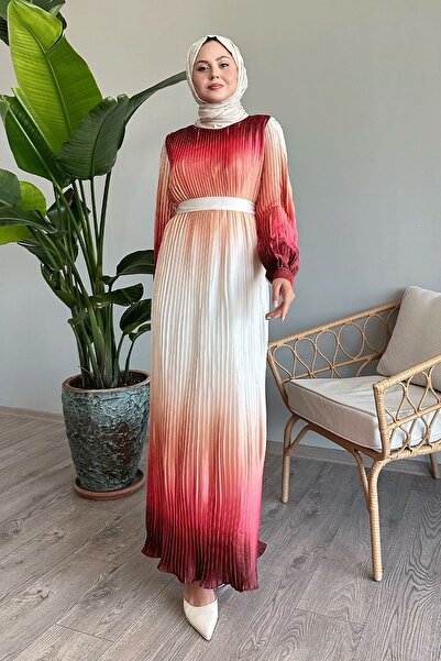 InStyle Geçişli Piliseli Somon Saten Elbise