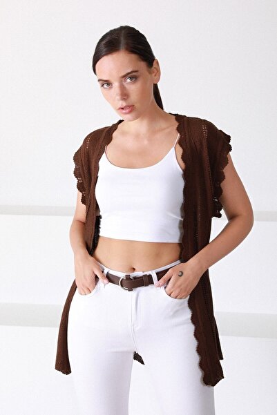 Ferraro Women's Brown Lace Detailed Long Knitwear Cardigan