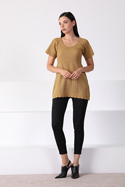 Ferraro Women's Camel Round Neck Waist Gathered Knitwear Sweater