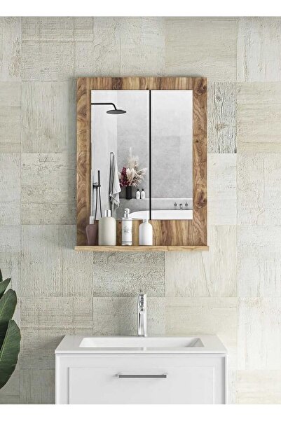 Mirapet mira ahşap 45x60cm Ceviz Raflı banyo Aynası dik