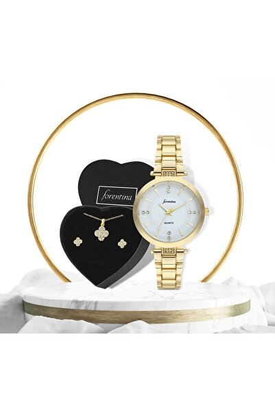 Forentina Kadın Sarı Metal Kol Saati - Yonca Kolye Yonca Küpe Set - Ps284400tr