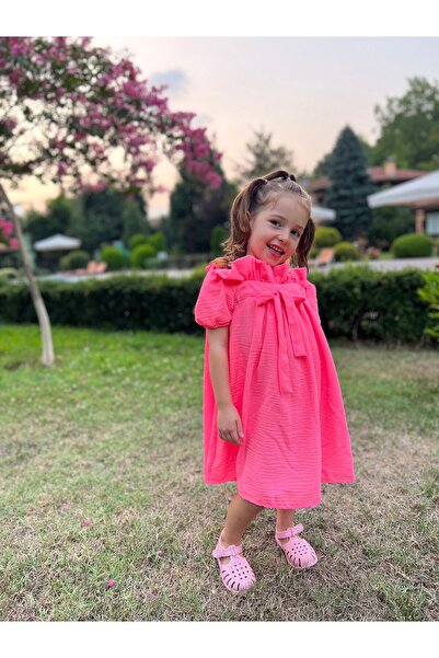 pommelly baby Pembe Yazlık Keten Kız Çocuk Elbise