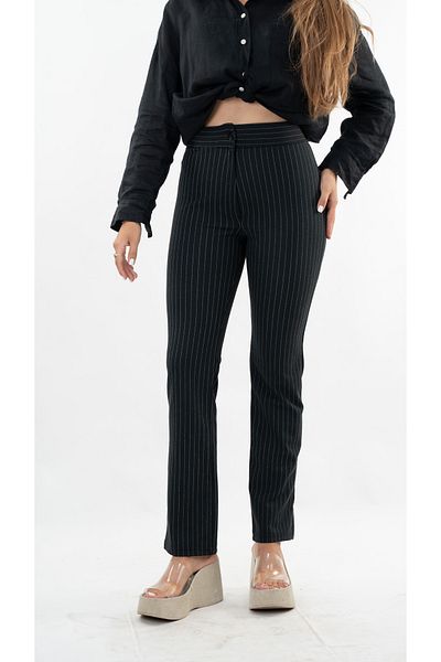 fehanden Women's Striped Black Fabric Trousers with Elastic Waist
