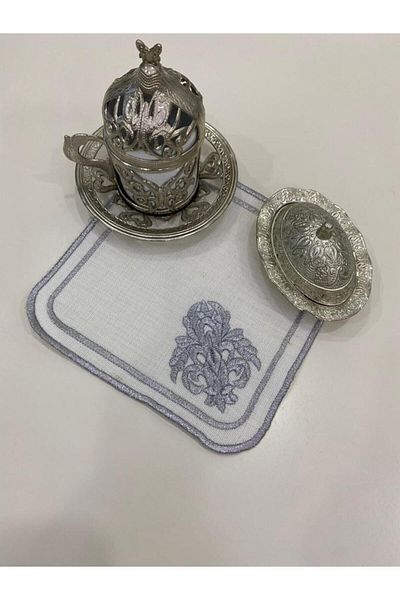 İNCİ ÇEYİZ 6 bucăți de țesătură din in, brodate cu broderie de cafea și coaster.