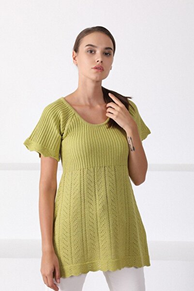 Ferraro Women's Pistachio Green Round Neck Waist Drawstring Knitwear Sweater