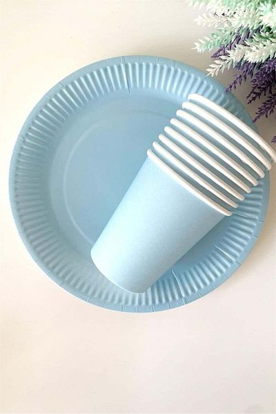 Partifabrik Blue Color Macaron Pastel Cardboard Plate Cup Set 8 Pcs