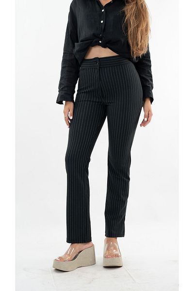 fehanden Women's Striped Black Fabric Trousers with Elastic Waist