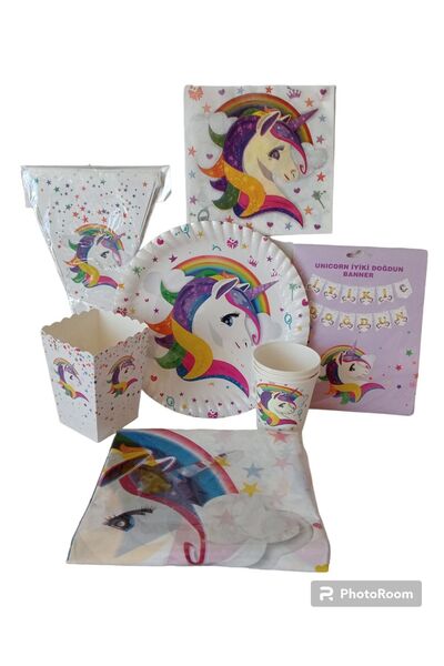 PartAntalya Set de aniversare cu caracter unicorn - farfurie - pahar - porumb - cutie - și Banner La mulți ani - drapel triunghiular