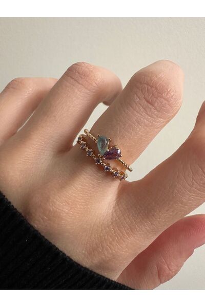 ringbox Gold Renk Mor ve Mavi Damla Detaylı Yüzük