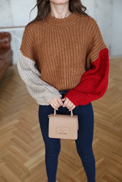 Jose Clothing Дамски пуловер с дълги ръкави и бежови блокове