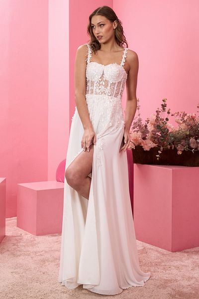 Lenta Moda Leaf Patterned Lace Chiffon Evening Dress - Wedding Dress with Straps