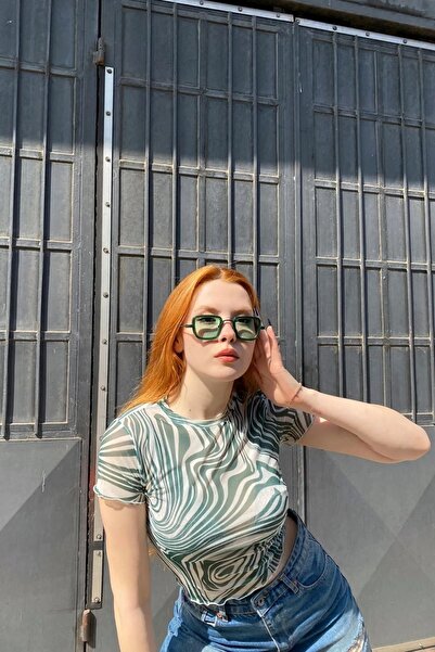 Jose Clothing Bluză de damă cu imprimeu verde din tul - mânecă scurtă