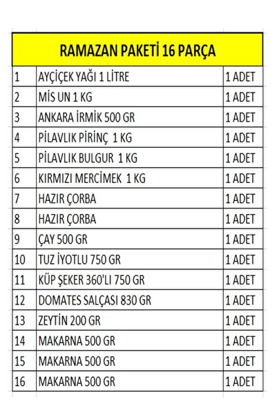 Marketcidenal Ramazan Erzak Yardım Paketi Kumanya Kolisi 16 Parça