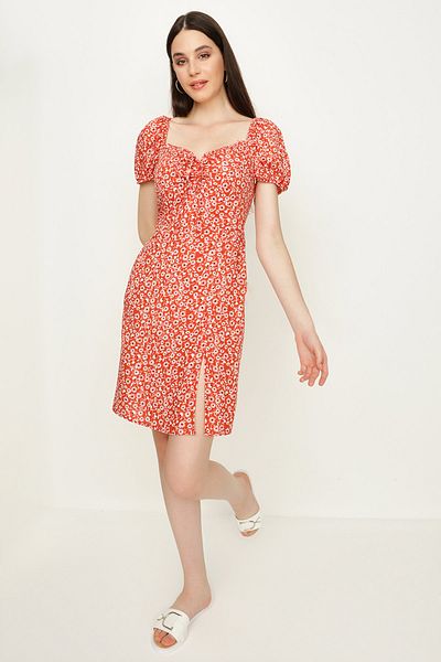 Select Moda Rochie de damă cu mâneci cu bule florale de culoare cărămidă