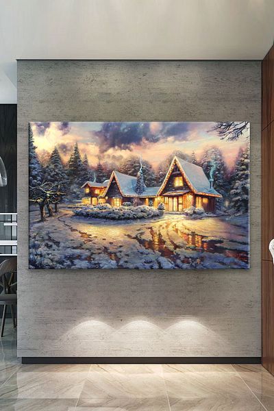 Morfil Sanat Atölyesi Pictură decorativă pe pânză Winter Village Forest Lake