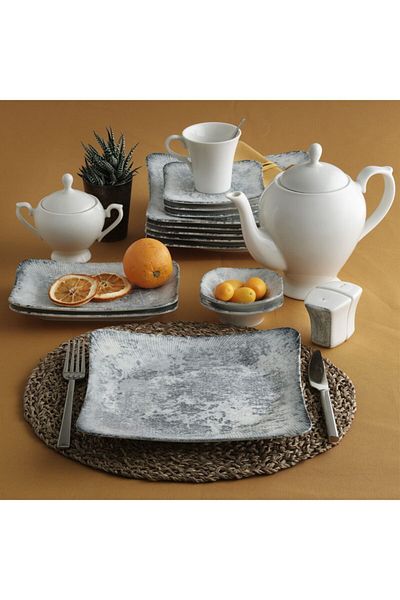 Güral Porselen Güral Spinoza 36 Piece Square Bone Breakfast Set for 6 People
