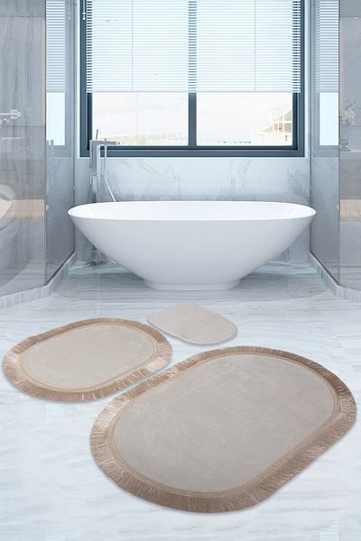 Bonny Home Set covorașe de baie din 3 piese Pera Cream Set scaun de toaletă cu franjuri cu bază anti-alunecare