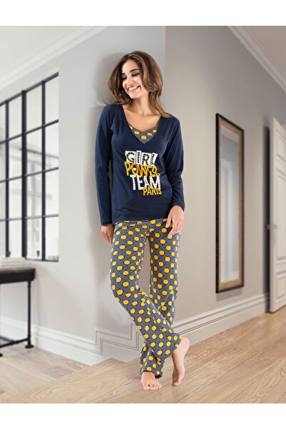 Derya Kurşun Women's Navy Blue V-Neck Long Sleeve Pajama Set Dk 1104
