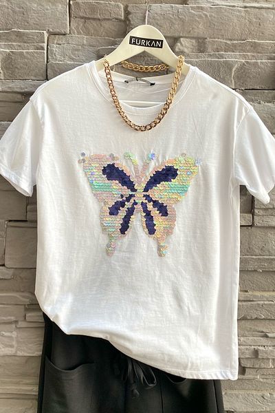 FEMELLE Tricou alb din bumbac cu paiete cu model fluture pentru femei