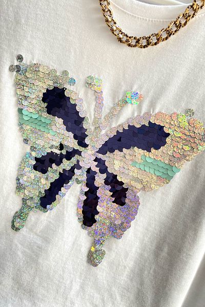 FEMELLE Tricou alb din bumbac cu paiete cu model fluture pentru femei