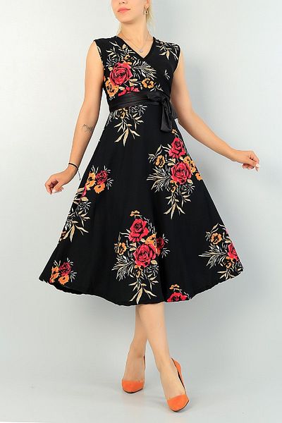 lovebox Rochie evazată cu guler dublu cu imprimeu floral, fără mâneci, cu detaliu de curea - 71724