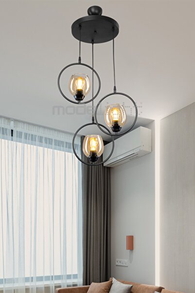 Modelight Karelya Üçlü Avize Siyah - Bal Cam