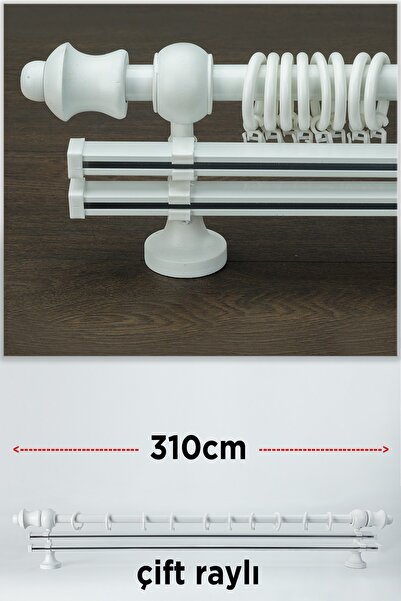 wenthi Suport pentru perdele din lemn alb rustic cu două șine Venti 310 Cm