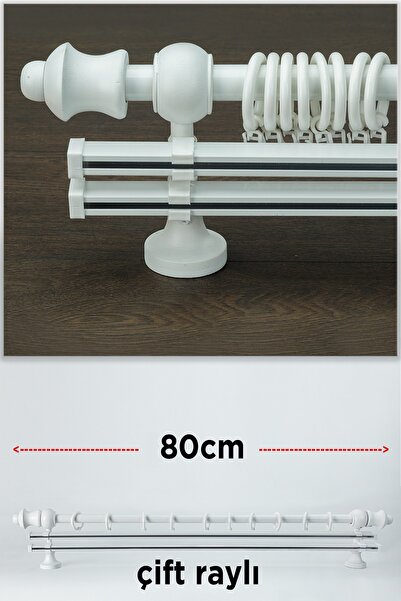 wenthi Suport pentru perdele din lemn alb rustic cu două șine Venti 80 Cm