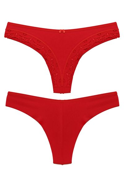 Liona Red Gray Color Optional Brazilian Bikini Briefs with Lace Edges