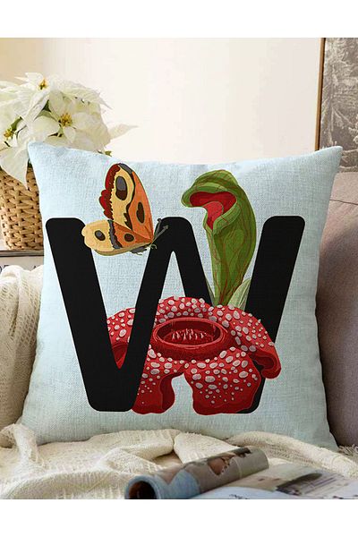 Realhomes Husă de pernă Raschel, cu două fețe, fundal albastru cu model floral, literă neagră, design W, imprimat digital