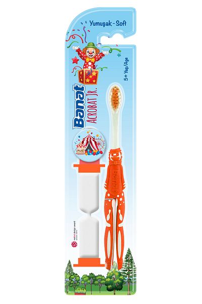 Banat Acrobat Junior Children's Toothbrush with Hourglass Gift (orange) - Handle Attachable to the Cup