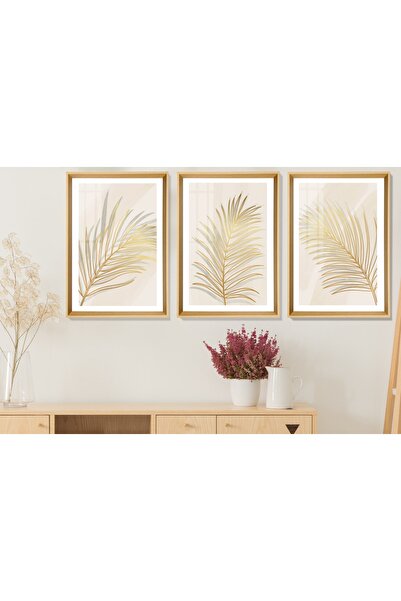 cercevehome Çerçeveli Thin Leaves Gold Tablo Seti