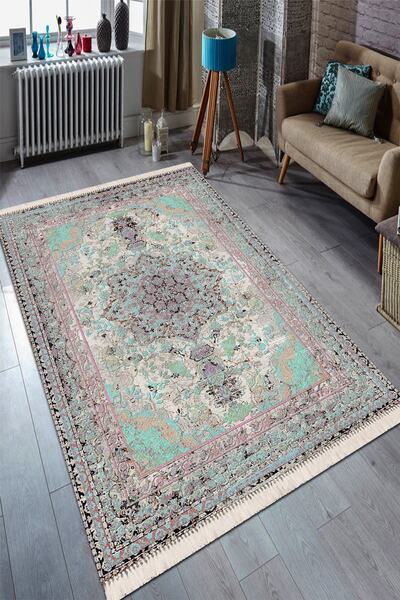 Modern home Vintage Eskitme Detaylı Püsküllü Dijital Baskı Kaymaz Taban Makin...