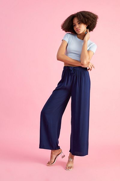 Bukamiss Women's Navy Blue Viscose Woven Trousers